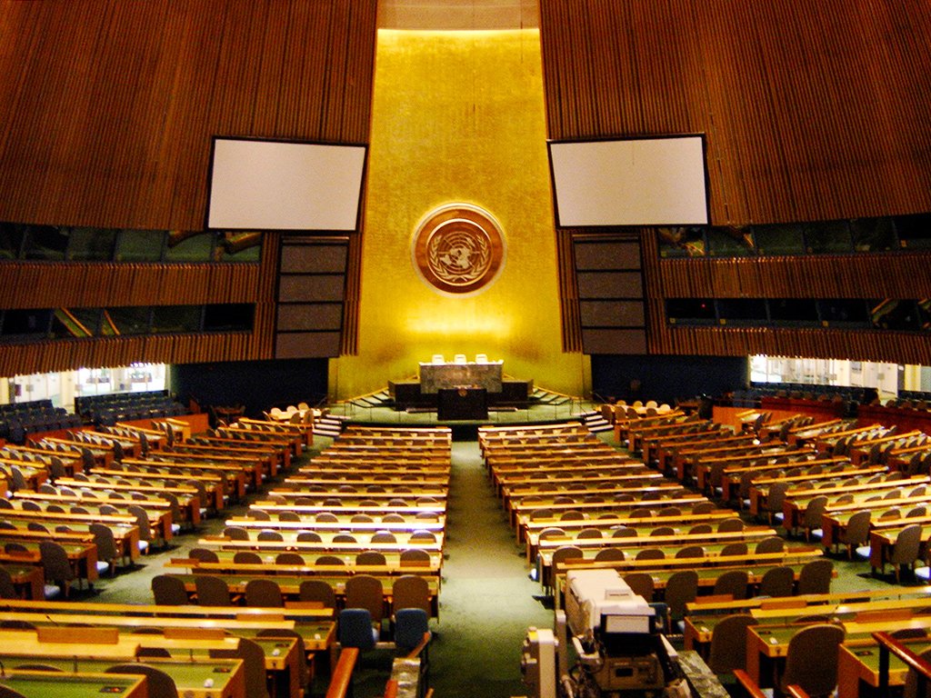 Interior del hemiciclo o la Sala Plenaria de la Sede Internacional de la Organización de las Naciones Unidas en Nueva York, ONU, UN, United Nations - Foto de Andrea Hoare Madrid