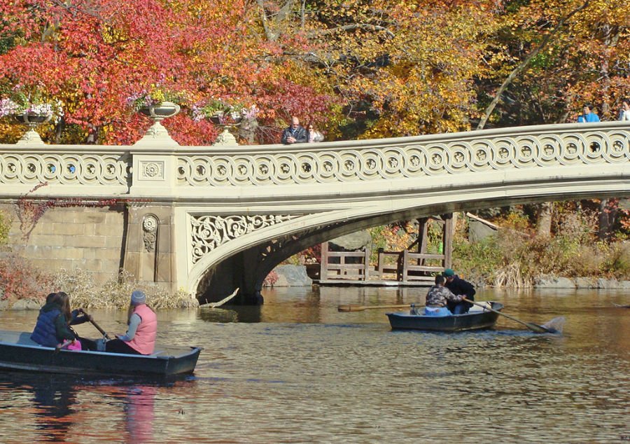 Personas en botes de remos cruzando bajo el Bow Bridge en The Lake de Central Park - Foto de AHM